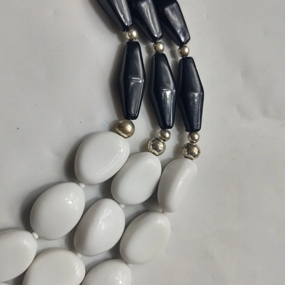 Vintage Multi Strand Beaded Choker Necklace Black White Silver Tone